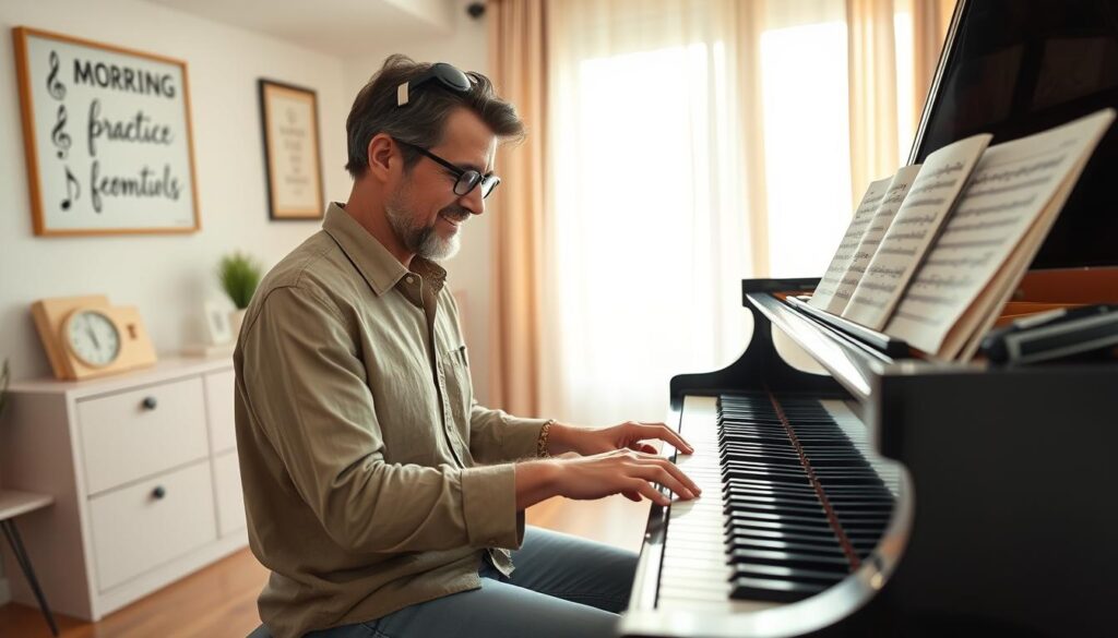 An adult male or female beginner pianist in modest casual clothing practices piano techniques in a bright, inviting room. The foreground features a grand piano with sheet music open on the stand, showcasing easy beginner songs. The middle ground shows the pianist's hands positioned correctly over the keys, capturing a moment of concentration while they implement efficient practice techniques. In the background, soft sunlight filters through sheer curtains, creating a warm atmosphere. The scene includes motivational music-themed decor on the walls and a metronome on the piano, suggesting a dedicated practice space. Use natural lighting with a slightly blurred background to emphasize the pianist's focus. Overall, convey a sense of calm determination and joy associated with learning to play the piano.