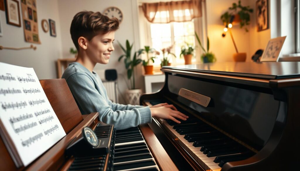 An inviting and cozy piano studio setting, focusing on a young adult beginner practicing piano. In the foreground, the student is seated at a polished wooden piano, hands poised over the keys, demonstrating a warmup exercise. The middle ground features sheet music with simple scales and melodies, accompanied by a metronome ticking softly. The background showcases a softly lit room with music-themed decor, a cheerful window allowing natural light to filter in, and a few potted plants to add a touch of greenery. The atmosphere is calm and encouraging, evoking a sense of focus and dedication. The lighting is warm, with gentle shadows, creating a welcoming vibe. The angle captures both the student’s concentration and the piano, emphasizing the balance between technique and musicality.