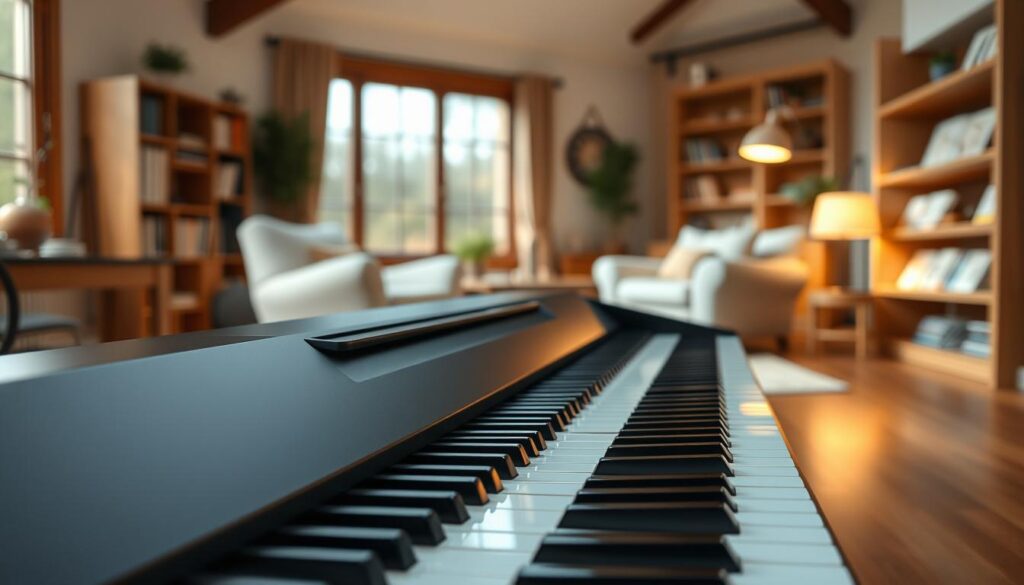 A Yamaha digital piano showcasing the P-Series and DGX lines, prominently placed in the foreground, with a polished black finish reflecting subtle studio lighting. The keys are elegantly poised and slightly illuminated, highlighting their responsive design. In the middle ground, a softly blurred home setting features a cozy living room with warm wooden accents, a comfortable chair, and a bookshelf filled with music scores. The background includes a large window allowing gentle natural light to flood the space, creating an inviting atmosphere. The overall mood is serene and inspiring, evoking a sense of creativity and musical exploration. The angle is slightly elevated, focusing on the piano and its surroundings without any text or distractions.