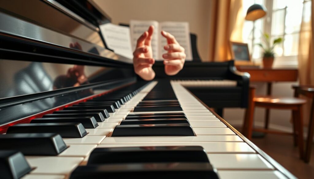 A beautifully arranged piano keyboard fills the foreground, showcasing clearly illustrated finger positions and fingering techniques for beginner pianists. In the middle ground, a pair of hands, depicted in professional attire, gracefully hover above the keys, demonstrating correct posture and hand placement. The background features soft, blurred sheet music and a warm, inviting piano studio setting, with natural light streaming in from a nearby window, creating a calm and focused atmosphere. The angle captures a slightly elevated viewpoint, emphasizing both the piano and the intricate details of the fingers on the keys. The overall mood is serene and educational, perfect for illustrating the essence of basic techniques for achieving a good tone while playing piano.