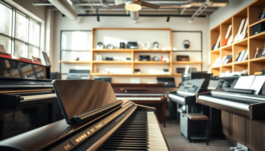 A beautifully arranged scene showcasing a variety of digital pianos in a well-lit music store. In the foreground, a sleek, modern digital piano with polished ebony finish and illuminated keys sits prominently. In the middle, a diverse selection of pianos, including portable models and stage pianos, create a visual harmony. The background features soft shelving highlighting accessories such as headphones and sheet music. Soft, natural daylight filters through large windows, creating a warm, inviting atmosphere. The mood is inspiring and focused, evoking a sense of discovery and excitement. Capture the essence of sound quality with subtle sound wave patterns softly emanating from the pianos, reinforcing the theme of “Sound Engine and Voice Quality.” The view is captured at eye level, allowing for an intimate perspective.