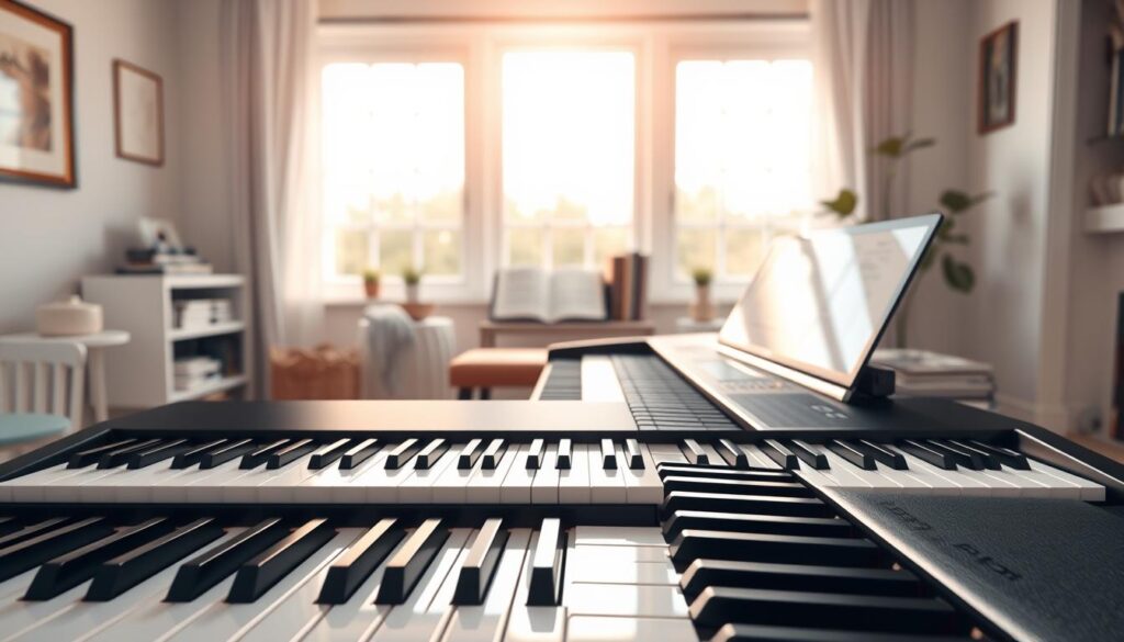 A bright and inviting image of a Korg digital piano designed for beginners, prominently featuring the Korg B2 and LP series models. In the foreground, the elegant piano showcases its sleek keys and modern design, with glossy finishes reflecting soft, natural lighting. In the middle ground, a well-organized, cozy music room setting includes a comfortable bench, sheet music, and a laptop with music software opened nearby. The background reveals airy windows allowing warm sunlight to illuminate the space, enhancing the feeling of creativity and inspiration. The scene conveys a mood of warmth and accessibility, encouraging newcomers to explore their musical journey. The camera angle is slightly elevated for a perfect top-down view capturing the full piano and its surroundings, with focused depth to draw attention to the instrument.
