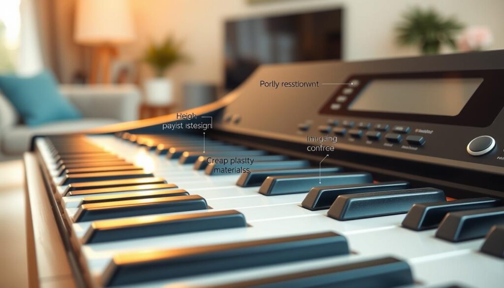 A close-up view of a digital piano showcasing common affordable key features to avoid, displayed on a wooden table. The foreground features a focus on poorly constructed keys, highlighting inconsistencies in height and spacing, with worn-down surfaces and unsightly gaps. In the middle, an assortment of cheap plastic materials and ineffective key responsiveness are depicted, while a nearby digital interface shows confusing and cluttered controls. The background features a softly blurred living room setting, with warm, natural lighting that gives an inviting atmosphere. A subtle lens flare adds a touch of professionalism, evoking a mood of caution for potential buyers. The overall composition emphasizes the importance of quality in choosing a piano, targeting beginners who are looking for budget-friendly options.