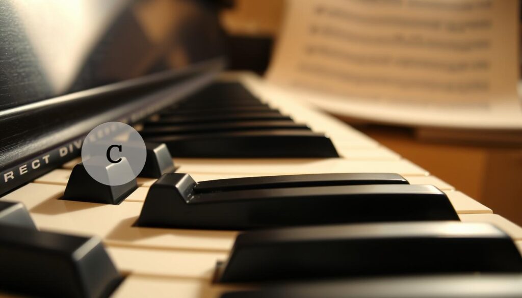 A close-up view of a piano keyboard, prominently featuring the location of Middle C, clearly marked with a circular highlight. The black and white keys are well-defined, showcasing the distinctive pattern, with Middle C positioned at the left of the two black keys in the octave. Soft, warm lighting casts gentle shadows across the keys, creating a welcoming, educational atmosphere. In the background, a blurred image of sheet music can be faintly discerned, hinting at the musical context. The perspective is slightly angled from above, allowing a comprehensive view of the keys while focusing attention on Middle C. The overall mood is inspiring and inviting, perfect for beginners learning to navigate the piano. Ensure there are no text overlays or watermarks present in the image.