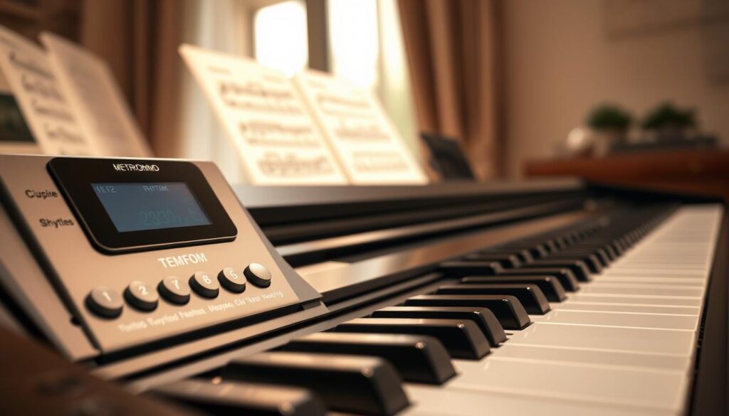 A close-up view of a sleek digital piano's metronome and rhythm controls, meticulously arranged in the foreground. The metronome features a modern digital display with clearly visible tempo settings, surrounded by tactile buttons for various rhythm patterns. The piano's glossy finish reflects soft ambient lighting that suggests a cozy practice space. In the middle ground, the keys of the digital piano are elegantly designed, with a subtle shine that highlights their quality. The background is softly blurred, showcasing a serene room with musical sheets and a soft-focus window allowing warm natural light to filter in. The overall mood is calm and inspiring, ideal for a beginner musician focused on mastering their tempo. The composition should convey a professional yet approachable atmosphere, inviting engagement with the digital piano features.