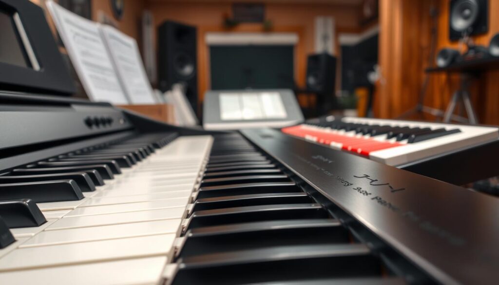 A close-up view of two musical instruments side by side: a digital piano and a keyboard. In the foreground, focus on the weighted keys of the digital piano, capturing the texture of the keys and the subtle sheen from overhead lighting. The middle ground features the keyboard, with its lighter keys and a vibrant color palette, contrasting with the piano. The background should include a softly blurred music room with warm wooden tones and hints of music sheets and equipment, creating a cozy atmosphere. Use soft, diffused lighting to enhance the mood, with a shallow depth of field to draw attention to the instruments. The overall image should convey a sense of quality and professionalism, ideal for a sound quality comparison.