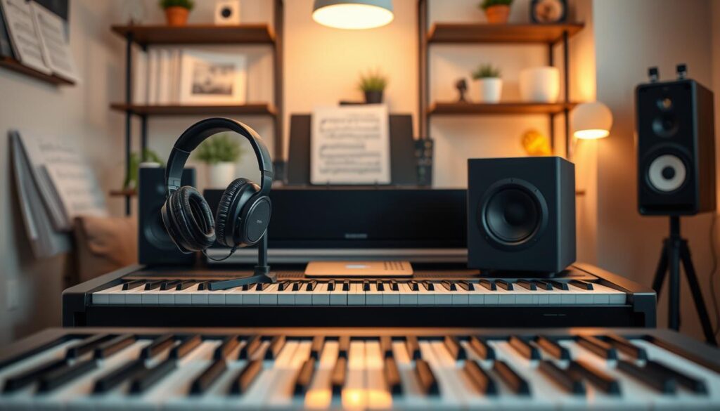 A cozy practice room setup featuring a digital piano, with one side showcasing high-quality headphones and the other side displaying an elegant speaker system. In the foreground, a sleek digital piano gleams, inviting focus. The middle section presents a head-to-head comparison: on one side, plush, over-ear headphones resting on a stand, and on the other, a stylish speaker with minimalist design. Soft, warm lighting casts a welcoming glow, enhancing the feeling of creativity. In the background, shelves lined with music sheets and decorative plants add a touch of personality. The atmosphere should feel inspiring and motivational, encouraging musicians to choose their preferred practice method while maintaining a clean, organized environment. Use a subtle depth of field to emphasize the piano and audio equipment, creating a serene yet focused ambiance.