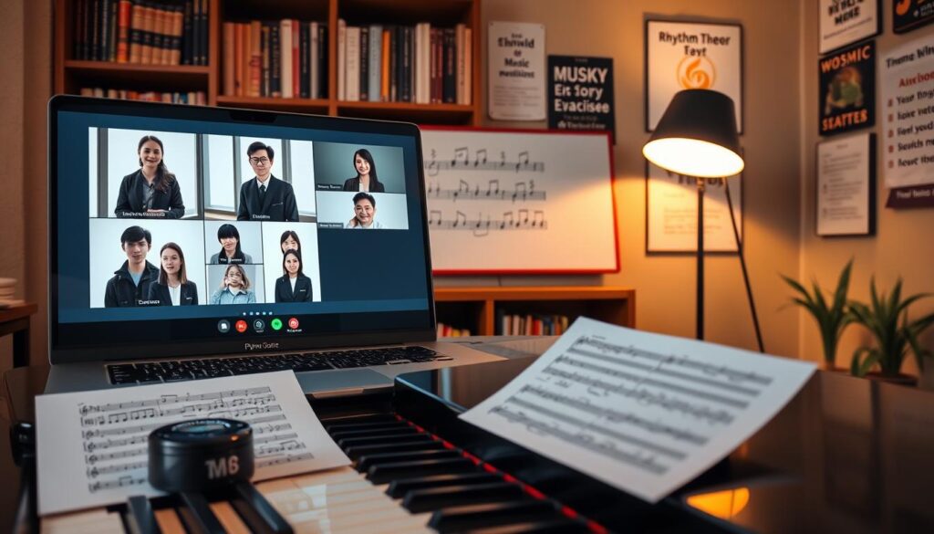 A cozy virtual practice space for piano learners, featuring a laptop open to a video conferencing interface displaying diverse participants in professional business attire, engaged in rhythm exercises. In the foreground, a polished piano with sheet music and a metronome. The middle section showcases a vibrant, interactive digital whiteboard filled with rhythm patterns and notes flowing from speakers. The background consists of softly lit bookshelves filled with music theory books and inspiring posters on the wall, creating a warm, inviting atmosphere. The scene is illuminated with warm lighting from a desk lamp, enhancing the learning environment and fostering a sense of collaboration. The angle is slightly from above, capturing both the laptop screen and the piano, conveying engagement and focus.