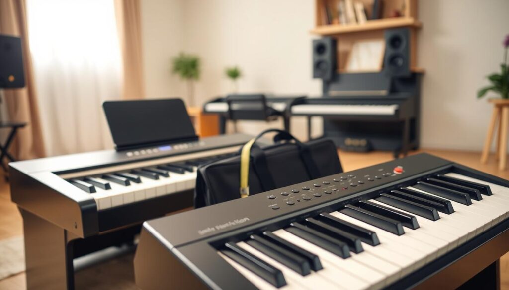 A detailed side-by-side comparison of a digital piano and a traditional keyboard, showcasing their size differences and portability. In the foreground, a sleek digital piano with a polished finish sits with its 88 keys, elegantly designed, while a compact keyboard with fewer keys rests beside it for contrast. The middle ground highlights measuring tape and a bag, emphasizing portability. In the background, a serene music room with soft light filtering through a window creates a warm, inviting atmosphere. The angle is slightly above eye level, capturing the depth and dimension of the instruments, enhancing the comparison. The lighting is soft, illuminating the instruments, creating shadows and highlights that emphasize their designs. The overall mood is informative and engaging, aimed at helping viewers understand the space considerations for beginners.