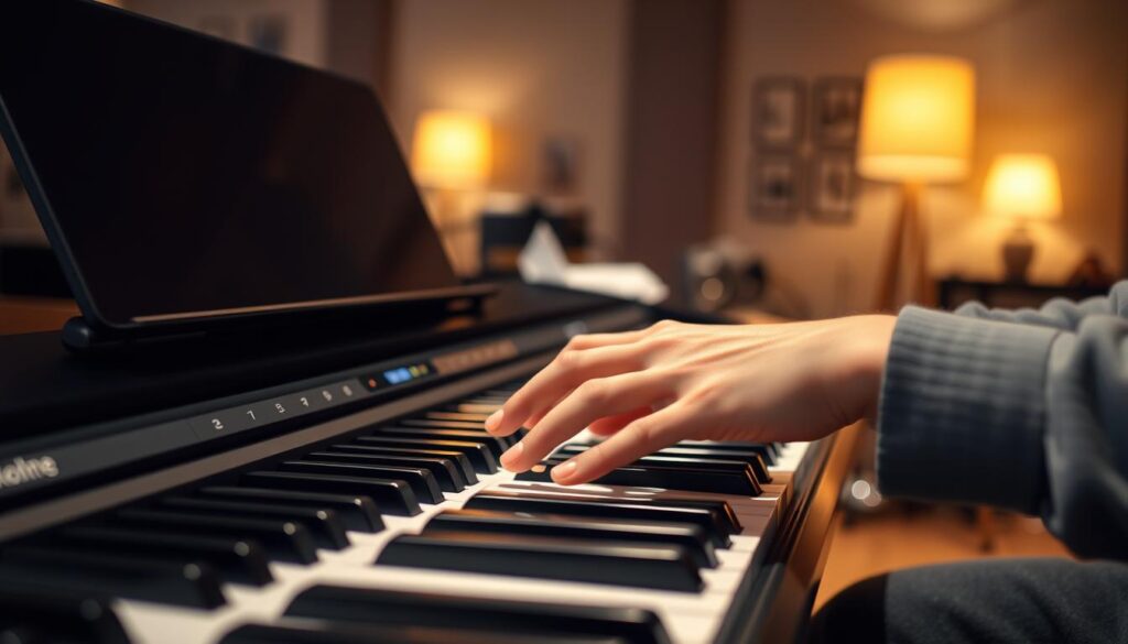 A focused shot of a beginner pianist seated at a digital piano with weighted keys, demonstrating the proper touch technique. In the foreground, the pianist's hands are depicted pressing down on the keys with a gentle yet intentional motion, showcasing the importance of touch sensitivity. The middle ground features a sleek digital piano with visible weighted keys, reflecting a modern design. In the background, a softly blurred music studio with warm lighting emanating from lamps, creating an inviting atmosphere. The overall mood is encouraging and educational, highlighting the significance of obtaining the correct touch in piano playing. The lens should have a slight depth of field, emphasizing the hands and keys while subtly blurring the background.