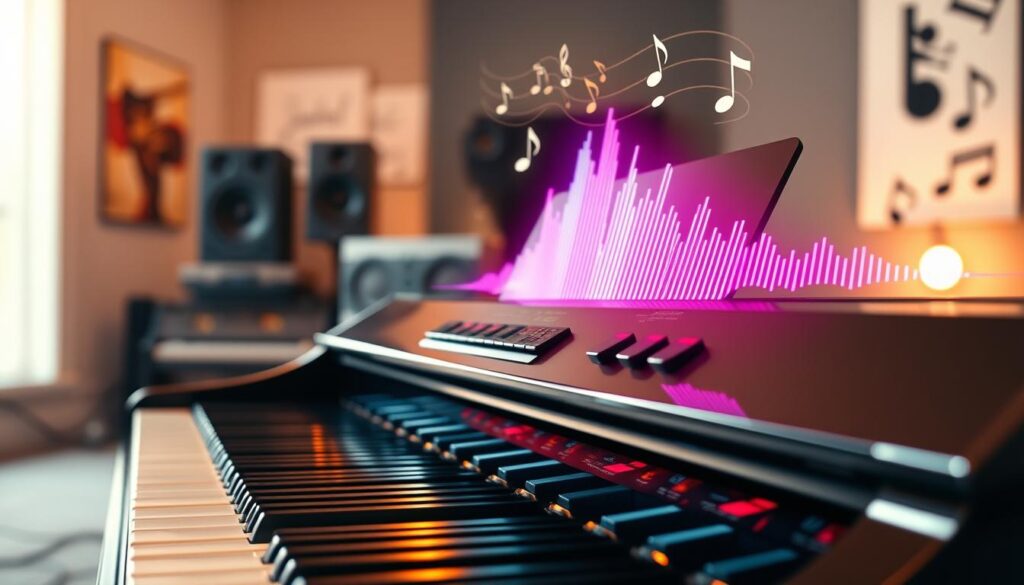 A modern digital piano showcasing advanced sound sampling technology, positioned prominently in the foreground. The piano has a sleek, polished black finish, with shiny keys glinting under soft, warm studio lighting. In the middle ground, a vibrant array of sound waves and digital waveforms can be seen emanating from the piano, visually representing rich sound quality. The background features abstract musical notes and a softly blurred home studio setup, adding to the atmosphere of music creation. Use a soft focus lens for a dreamy effect, capturing the essence of innovation and creativity. The overall mood should evoke excitement and curiosity about sound technology and its impact on music.