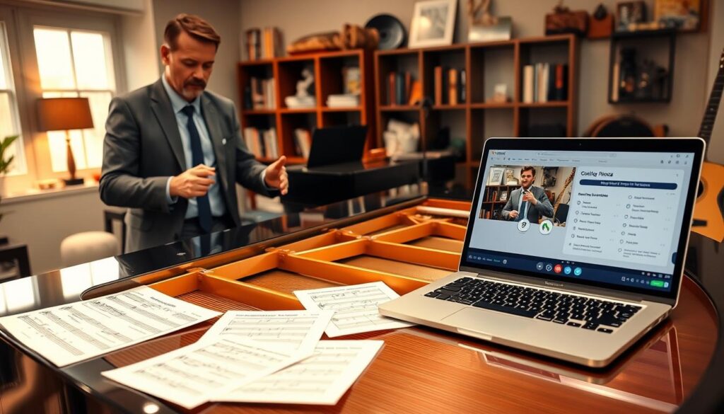 A modern home studio setting with a focused view of a grand piano, polished and gleaming under soft, warm lighting. In the foreground, a well-dressed instructor, wearing smart casual attire, is demonstrating a piano technique with attentive concentration. Various music sheets and notes regarding beginner techniques are scattered artistically around the piano. In the middle ground, a laptop is open, displaying a video tutorial interface, with play, pause, and rewind icons clearly visible, adding a digital learning element. The background features a cozy and inviting room with music books on shelves, a metronome, and an acoustic guitar, suggesting a rich musical environment. The overall mood is inviting and educational, perfect for motivating beginner pianists to engage with video tutorials and self-review checklists.