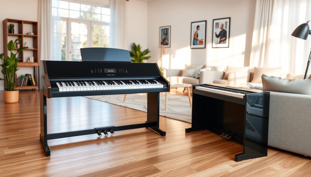 A modern, sleek digital piano prominently displayed on a stylish wooden floor in a cozy, well-lit living room environment. The piano features a glossy finish with polished white keys and a digital interface that subtly glows. In the foreground, a spacious arrangement shows the piano alongside a small seating area adorned with minimalist furniture, suggesting potential space planning. The middle of the image captures a large window allowing warm, natural light to filter in, enhancing the inviting atmosphere. The background features light-colored walls decorated with art, contributing to a contemporary vibe. The overall mood is serene and encouraging, perfect for beginners contemplating their space for a digital piano.