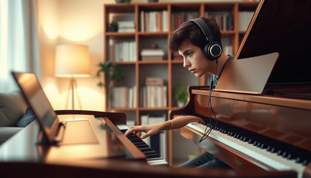 A serene, intimate home environment showcasing a piano enthusiast engaged in silent practice. In the foreground, a young adult wearing casual, modest clothing sits at a polished grand piano, wearing high-quality, over-ear headphones. Their hands gracefully hover above the keys, conveying focus and concentration. In the middle, a soft, warm glow from a table lamp casts a gentle light, highlighting the piano's rich wood grain and inviting atmosphere. In the background, softly blurred shelves filled with music books and a small potted plant create a cozy ambiance. The angle is slightly tilted, providing a dynamic view, while the overall mood is calm and studious, illustrating the concept of silent practice effectively.
