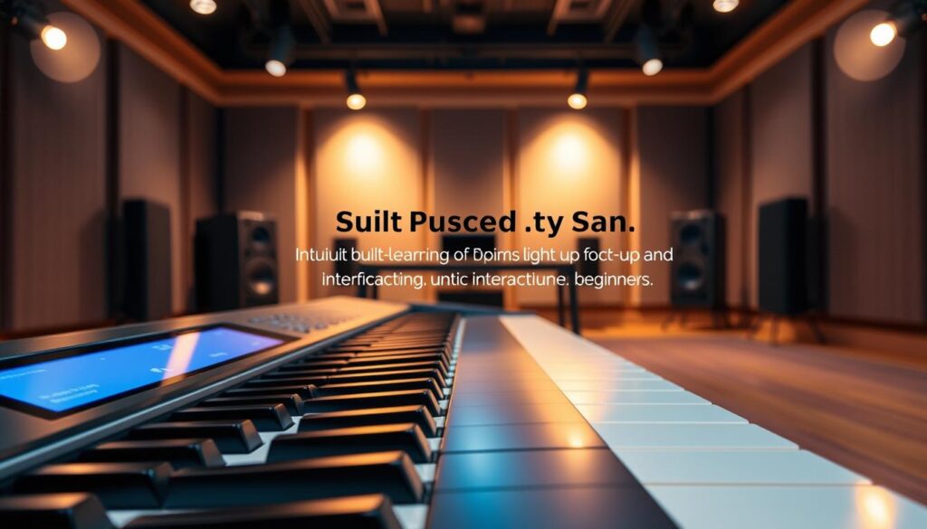 A sophisticated digital piano is positioned in the foreground, showcasing sleek keys and a vibrant display screen. The middle ground features a close-up of intuitive built-in learning systems, like light-up keys and an interactive touch interface. The background conveys a modern music studio ambiance, with soft focused acoustic panels and ambient lighting that highlights the piano. A warm glow from strategically placed spotlights creates an inviting atmosphere, emphasizing the piano’s features. The angle is slightly top-down, providing a clear view of both the keys and the display, fostering a sense of exploration and learning. The overall mood is inspiring and educational, ideal for beginners eager to improve their piano skills.