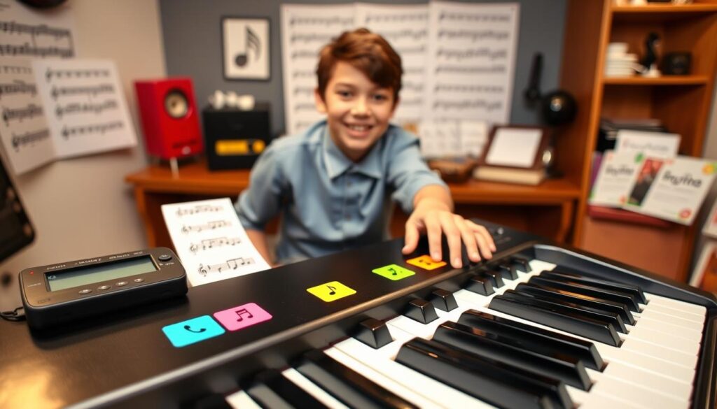 A vibrant and engaging scene showcasing a keyboard set up for a "piano note hunt game". In the foreground, a polished piano keyboard with colorful stickers on specific keys indicating different musical notes. Beside the keyboard, a timer and game cards displaying various notes and challenges. In the middle, a cheerful and focused young person, dressed in casual but neat attire, eagerly reaching for a key, embodying the game's excitement. The background features soft lighting that illuminates the scene, with blurred images of sheet music and musical accessories creating a cozy, learning atmosphere. Capture a sense of energy and fun, emphasizing a hands-on approach to learning piano notes. Use a slightly elevated angle to frame the keyboard and the player engaging in the game.