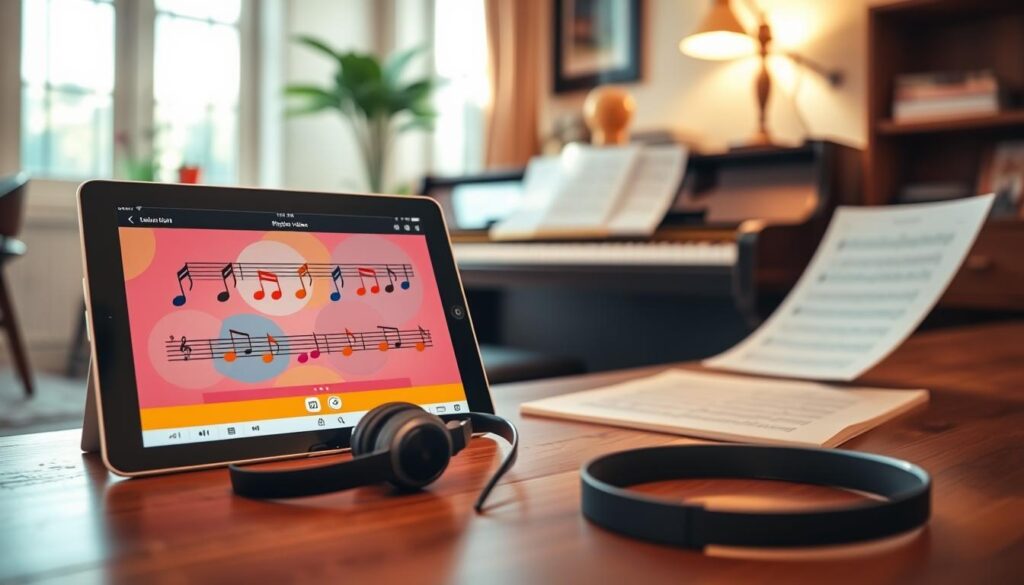 A vibrant and engaging scene showcasing interactive rhythm learning aids for piano learners. In the foreground, a sleek tablet displays a colorful interactive video lesson with animated notes and rhythm patterns in motion. A pair of headphones rests beside the tablet, emphasizing audio learning. In the middle ground, a stylish piano with sheet music nearby is visible, inviting learners to practice. The background features a cozy, well-lit room with warm, natural lighting streaming through a window, illuminating the learning space. The atmosphere is inviting and energetic, encouraging exploration and creativity. The perspective is slightly angled to capture the depth of the scene, enhancing its dynamic feel.