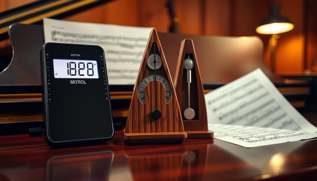 A vibrant comparison of a digital metronome and a traditional mechanical metronome, showcasing them in a harmonious layout. The foreground features a sleek modern digital metronome with a glowing LED display, juxtaposed against a vintage wooden metronome with a pendulum, highlighting their design differences. In the middle, both metronomes are placed on a polished piano surface, surrounded by sheet music and musical notes. The background includes a softly lit piano room with warm wooden tones and subtle lighting, creating an inviting atmosphere for music practice. Use a shallow depth of field to blur the background slightly, directing focus onto the metronomes. The overall mood should feel inspiring and educational, emphasizing the evolution of music accessories.