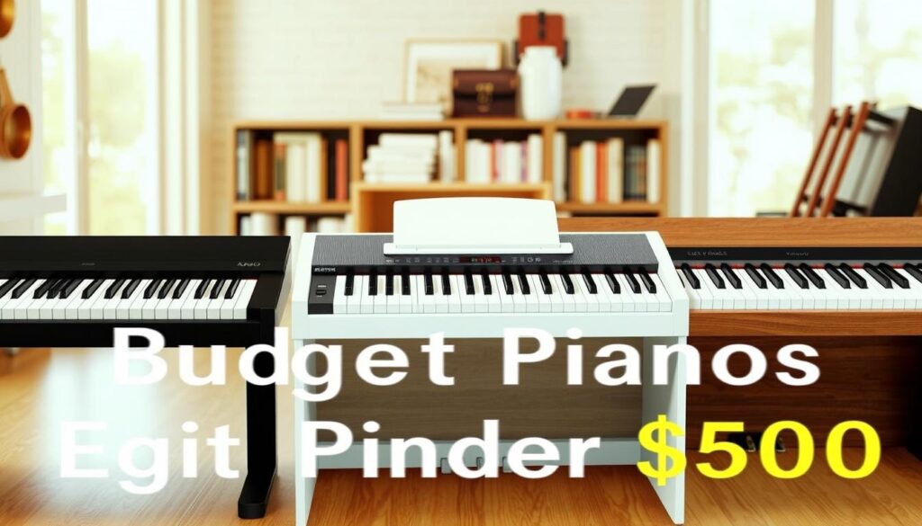 A visually engaging comparison of five different budget digital pianos under $500, showcasing their unique designs and features. In the foreground, display five distinct digital pianos side by side, each one with polished keys and varied finishes like glossy black, sleek white, and wood grain. In the middle ground, incorporate a soft, blurred background of a cozy music room with shelves of music books and a large window allowing warm, natural light to flood in. The scene should convey a welcoming atmosphere, evoking the excitement of learning music. Use a slightly elevated camera angle to give an overview of the pianos, ensuring clarity on their differences. The lighting should emphasize the instruments' details without harsh shadows, maintaining a professional and inviting mood.