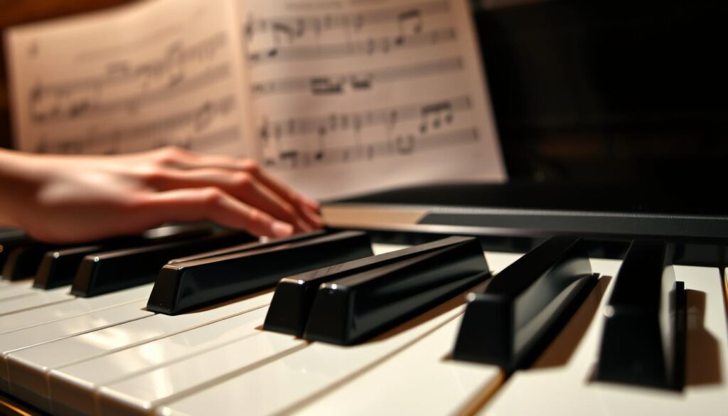 A visually striking close-up of a piano keyboard focusing on the octave pattern, with a sharp emphasis on the contrasting black and white keys. The foreground features hands gracefully poised over the keys, highlighting the repetitive structure of octaves. In the middle ground, a soft blur of the keys creates a dynamic sense of movement, suggesting the act of playing a melody. The background contains an abstract musical score, lightly faded, enhancing the theme of musical intervals without overpowering the main subject. The scene is illuminated by warm, focused light that casts subtle shadows, evoking an inviting, professional atmosphere. The angle captures the keyboard artistically from a slight overhead perspective, showcasing the relationship between the notes and their higher pitches.