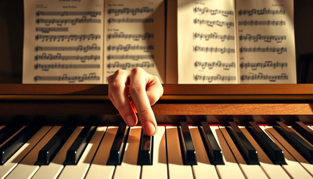 A visually striking depiction of five finger keyboard patterns across octaves on a grand piano. In the foreground, showcase the keyboard with clear fingering positions, illustrating the five-finger patterns distinctly on the white and black keys. The middle layer features a pair of hands in modest, professional attire, demonstrating the hand positions, with a focus on the fingers elegantly poised to play. In the background, softly blurred music sheets with notes and scales, creating a harmonious atmosphere. The lighting is warm and inviting, casting gentle shadows that highlight the contours of the piano keys. The overall mood is educational and inspiring, encouraging a love for music and visual learning.