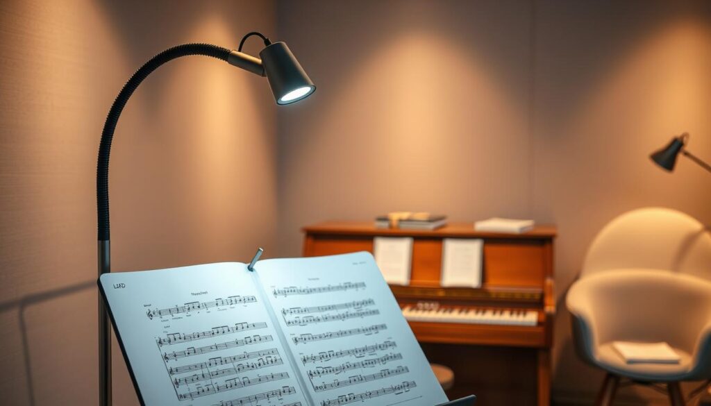 A warmly lit practice room showcasing a sleek, modern adjustable LED lamp casting a focused light on a sheet music stand. In the foreground, the lamp's flexible neck allows for precise positioning, illuminating the neatly arranged sheet music. The middle ground features a polished wooden piano with a few scattered music books. In the background, soft textures of the practice room walls can be seen, complemented by a cozy chair and muted color palette. The overall mood is tranquil and focused, ideal for productive music practice. The lighting should be soft yet bright enough to read the notes clearly, using a slight bokeh effect to emphasize the sheet music while keeping the room's ambiance inviting and professional.