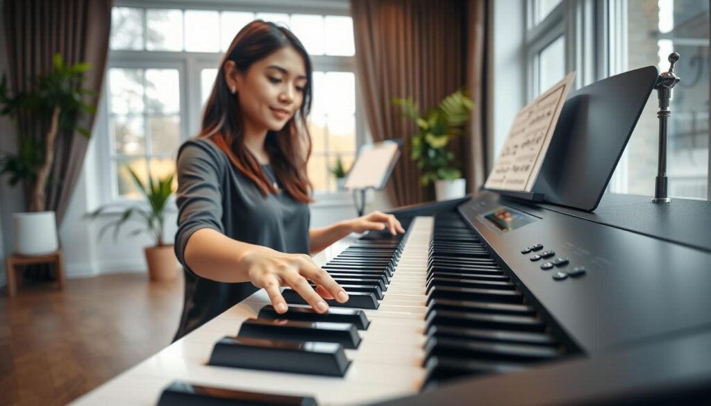 A well-lit indoor piano studio, featuring a young woman in modest casual clothing, demonstrating the proper technique for playing weighted keys on a digital piano. In the foreground, focus on her hands elegantly positioned over the black and white keys, emphasizing the weight and resistance offered by the keys. The middle layer shows a sleek digital piano, highlighting its realistic weighted keys. In the background, soft natural light streams through a large window, creating a warm and inviting atmosphere. Surrounding elements include sheet music on an elegant stand and potted plants, adding to the serene learning environment. The image conveys a sense of focus, commitment, and the joy of learning music, reflecting the importance of technique in piano education.