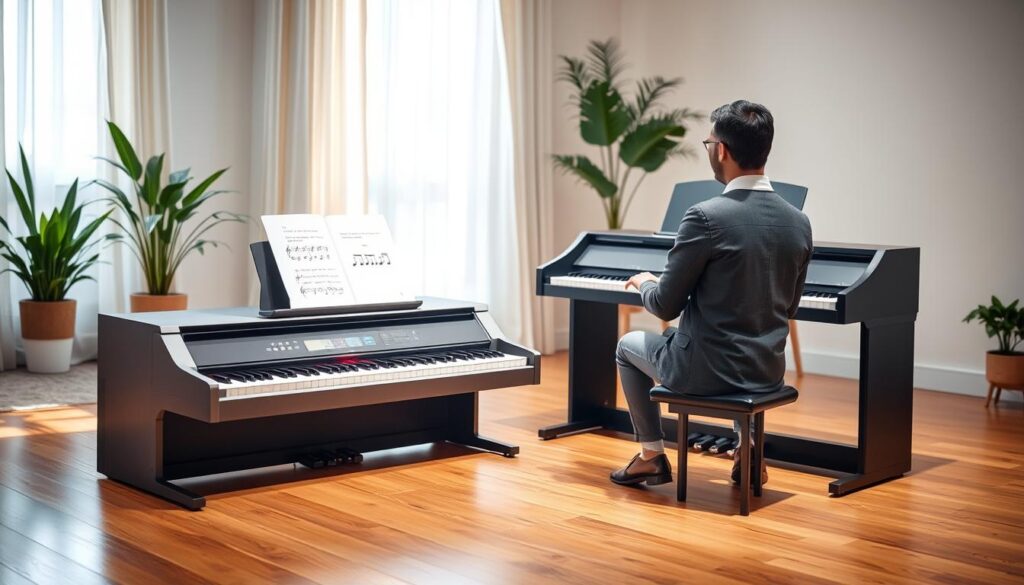 A well-lit, modern digital piano placed on a polished wooden floor in a serene, inviting practice room. In the foreground, a focused adult beginner, dressed in smart casual attire, sits at the piano with sheet music open in front of them, their fingers poised above the keys. In the middle, the digital piano is sleek and high-tech, showcasing a vibrant display with animated tutorial graphics illustrating rhythm techniques. In the background, soft natural light filters through a large window draped with light curtains, illuminating potted plants and a cozy ambiance. The overall mood is encouraging and inspiring, reflecting a warm atmosphere conducive to learning and practice.