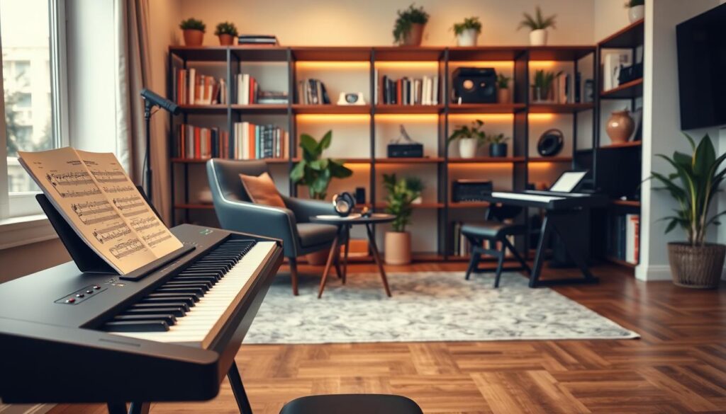 A well-organized home music studio featuring a digital piano as the focal point. In the foreground, a sleek modern digital piano sits on a stylish stand, with sheet music neatly arranged next to it. The middle ground shows comfortable, ergonomic seating positioned at an optimal distance for playing, along with a small side table holding a metronome and headphones. The background includes softly lit shelves filled with music books and decorative plants, creating a warm, inviting atmosphere. The scene is lit with soft, warm light coming from a nearby window, enhancing the cozy ambiance. A low angle captures the space, emphasizing the functionality and aesthetic appeal of the setup, conveying a sense of inspiration and creativity.