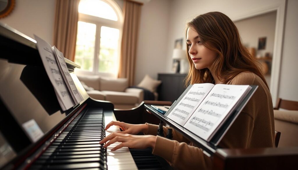 A young woman in modest casual clothing sits at a grand piano in a well-lit living room, demonstrating piano practice techniques. Her fingers glide gracefully over the keys, while sheet music rests open beside her, featuring beginner-friendly songs. In the foreground, a close-up of her hands emphasizes technique, capturing the movement of fingers playing the notes. The middle ground showcases her focused expression, highlighting her concentration and engagement. In the background, soft natural light filters through a large window, casting a warm glow on the scene, creating an inviting and encouraging atmosphere for learning. The overall mood conveys progression and dedication, making it clear this is a moment of practice and improvement. The angle is slightly tilted to capture both the piano and her focused姿态 dynamically.