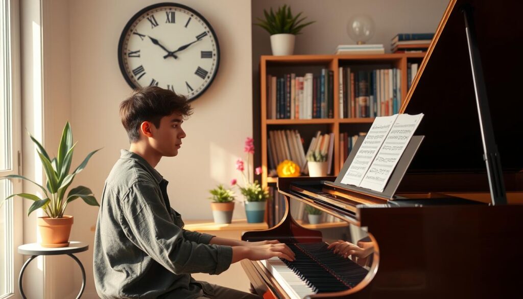 A balanced piano practice routine is depicted in a cozy, well-lit home setting. In the foreground, a young adult, dressed in modest casual attire, sits at a polished grand piano, focused yet relaxed, with sheet music open in front of them. In the middle ground, a large wall clock ticks steadily, symbolizing structure, while a nearby window lets in soft, natural light that creates a warm ambiance. Several colorful potted plants add a touch of life, representing flexibility in the practice routine. In the background, a neatly organized bookshelf filled with music books and resources further illustrates the duality of structure and flexibility. The overall mood is inviting and encouraging, emphasizing a harmonious balance between disciplined practice and creative freedom.