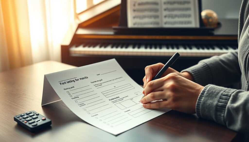 A close-up view of a "goal setting for musicians worksheet" prominently displayed on a sleek wooden desk, gently illuminated by soft, warm light from a nearby window. The worksheet features structured sections with checkboxes, motivational headers, and blank fields for personal goals, all artistically designed with musical notes and subtle color accents. In the background, a neatly arranged piano and sheet music create an inviting atmosphere. A pair of hands, dressed in modest casual clothing, is seen actively writing on the worksheet, conveying focus and determination. The scene radiates a sense of inspiration and creativity, ideal for beginners setting realistic piano goals.