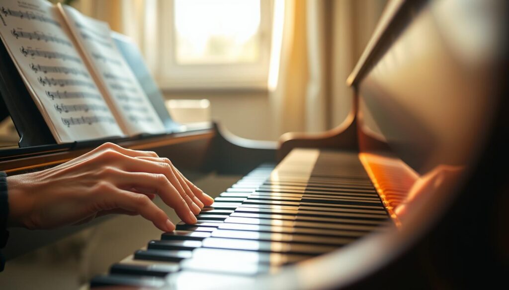A close-up view of a pianist's hands skillfully playing a grand piano, showcasing a focus on rhythm, reading music, and coordination. The foreground features elegantly manicured hands poised over the keys, with sheet music visibly placed on the stand, displaying notes and rhythm patterns. In the middle ground, the polished surface of the piano reflects a warm, inviting light, creating a serene atmosphere. Soft, natural light streams in from a nearby window, casting gentle shadows and enriching the texture of the piano and sheet music. The background subtly includes abstract musical notes and diagrams, hinting at the themes of deliberate practice and skill development, without overpowering the main subject. The mood is focused yet inspiring, depicting a moment of dedicated practice.