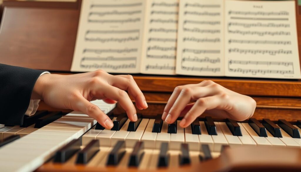 A close-up view of a piano keyboard displaying two hands in a professional, modest posture performing contrary motion technique drills. The left hand is playing descending five-finger patterns while the right hand mirrors with ascending patterns, showcasing the dual coordination needed for this exercise. The scene is set in a warmly lit, elegant music studio with soft, natural lighting that highlights the polished wood finish of the piano. A blurred backdrop reveals sheet music with notations for scales and arpeggios, creating an atmosphere of musical practice and focus. The image should capture the intensity and concentration of the musician, dressed in professional attire, emphasizing the importance of proper finger technique and coordination.