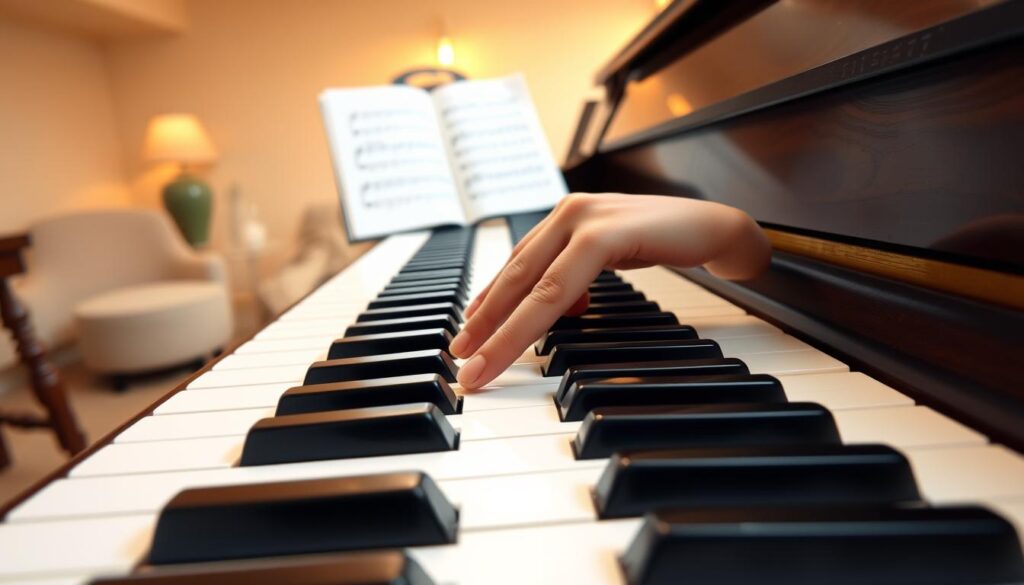 A close-up view of a piano keyboard showing fingers positioned on keys for a C Major scale, focusing on the hand's posture and finger dexterity. In the foreground, an elegant hand is gracefully placed on the white keys, with fingers numbered for clarity, demonstrating a scale technique. The middle layer includes a soft-focus view of sheet music on a music stand featuring the C Major scale notation. The background features a warmly lit room with soft, natural lighting, emanating a calm and inviting atmosphere. The perspective is slightly angled from above, showcasing the keyboard and fingers clearly while creating depth. The overall mood is focused and educational, perfect for illustrating beginner piano mechanics.