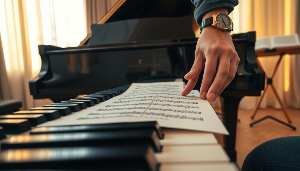 A close-up view of a polished grand piano’s pedals, emphasizing the right pedal engaging subtly, showcasing a delicate balance of sound clarity and resonant blur. In the foreground, the soft touch of a pianist’s hand gently adjusts the pedal, wearing smart casual attire, displaying focused concentration. In the middle ground, sheet music lies open, featuring dynamic markings that indicate the musical flow. The background includes a softly lit practice space with warm, ambient light filtering through partially closed curtains, creating an inviting atmosphere. A vintage metronome sits on a nearby music stand, hinting at ear training practices. The overall mood conveys a serene, focused environment conducive to learning and refinement of pedal technique.