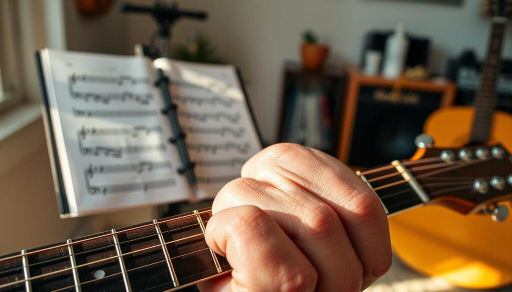 A close-up view of a right hand gently pressing down on a guitar fretboard, demonstrating single-note rhythm exercises. The hand is positioned confidently above the strings, with textured skin and well-groomed nails. In the background, a faintly blurred music stand displays sheet music featuring quarter notes and eighth notes. Soft, natural lighting casts a warm glow over the scene, emphasizing the hand's movement and the details of the fretboard. The atmosphere is focused and serene, capturing a sense of practice and dedication. The setting is a well-lit, cozy corner of a home studio, with subtle hints of musical instruments and accessories in soft focus behind the main subject.
