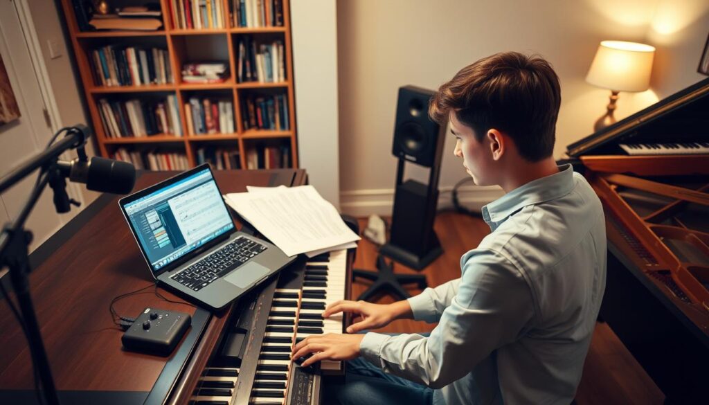 A cozy home music studio setting with a well-lit, inviting atmosphere. In the foreground, a young adult in professional casual attire sits at a grand piano, deeply focused on a laptop displaying a recording software interface. The middle ground features sheet music scattered across the piano, and an audio interface connected to a microphone captures the sounds. In the background, shelves lined with music books and a soft, warm glow from a nearby lamp create a relaxing environment. The scene is captured with a slightly overhead angle, emphasizing the musician's concentration and the technology involved. The lighting is warm and natural, evoking a sense of dedication and creativity in the pursuit of mastering piano practice.