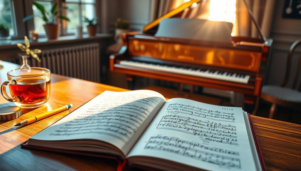 A cozy, inviting workspace featuring a wooden desk with an open practice journal filled with handwritten notes and colorful drawings. On the left, a steaming cup of tea sits beside a pencil and eraser. In the background, a grand piano is elegantly illuminated by warm, soft lighting filtering through a window. There are plants on the windowsill, adding a touch of greenery. The mood is reflective and serene, capturing a moment of personal growth and introspection. Shot from a slight angle to provide depth, focusing on the journal, with the piano slightly blurred in the background, evoking a sense of harmony and inspiration.