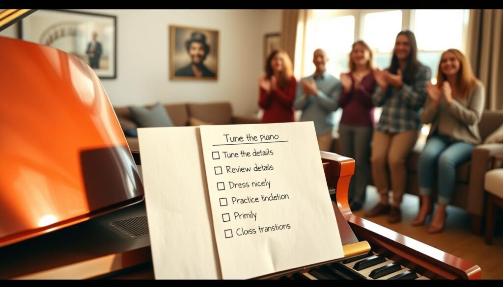A cozy living room setting with a polished grand piano in the foreground, reflecting warm light. In the middle, a neatly arranged checklist on a music stand, showcasing items like "tune the piano," "review song details," "dress nicely," and "practice transitions." Soft, inviting colors create a relaxed atmosphere. In the background, family members eagerly gathered, smiling and clapping, dressed in casual but neat attire, creating a supportive ambiance. The scene is illuminated with soft natural light streaming through a nearby window, enhancing the warmth of the space. The angle captures both the checklist and family dynamic clearly, emphasizing a moment of joy and preparation before a performance.