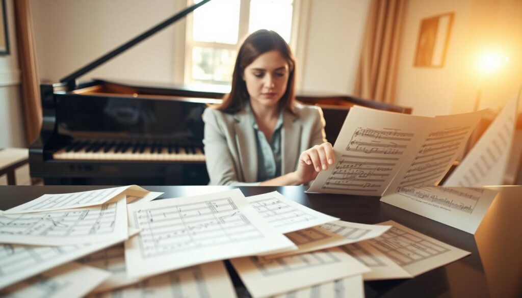A determined young woman in professional casual attire sits at a grand piano, focused intently on her sheet music. In the foreground, scattered sheet music with crossed-out notes symbolizes the setbacks she’s faced. The middle ground features her hand poised above the keys, capturing her moment of concentration and resilience. In the background, a softly lit room filled with warm sunlight filtering through a large window creates an inviting atmosphere, reflecting hope and perseverance. The overall mood conveys a sense of overcoming challenges to achieve musical goals. The lighting is soft and natural, highlighting her expression and the piano, while a shallow depth of field emphasizes her determination.