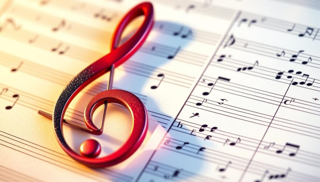 A highly detailed illustration of music notation focusing on a treble clef surrounded by ledger lines, showcasing notes placed above and below the standard staff. The foreground features the elegant and intricately designed treble clef, with vibrant colors and a subtle sheen, emphasizing its curves and loops. In the middle, the ledger lines extend upward and downward, with clearly defined notes like C, D, and E prominently illustrated to highlight expanding musical ranges. The background is softly blurred sheet music, creating a harmonious atmosphere of learning and creativity. The lighting is warm and inviting, with a slight spotlight effect on the treble clef, capturing a mood of inspiration and confidence in music reading. No text or marks are present in the image.