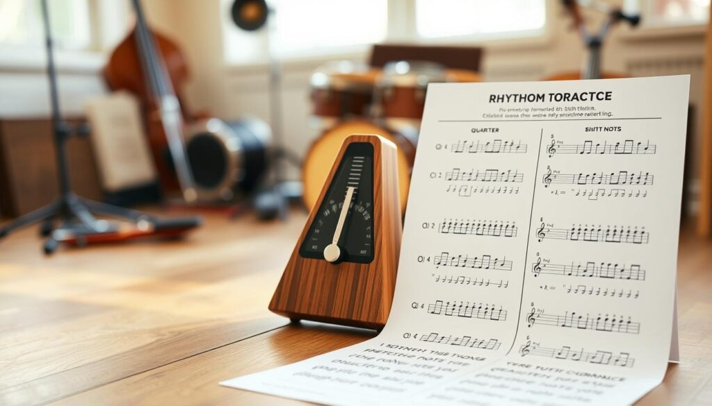 A printable rhythm workout sheet featuring a detailed metronome practice layout, emphasizing quarter and eighth notes. In the foreground, showcase a clean, organized sheet with clearly marked exercises and rhythmic patterns, using different note values and spaces for practice. The middle ground should include a stylized metronome in a modern design, perhaps made of wood or a sleek metal, positioned beside the sheet to suggest practical use. The background should have a soft-focus music room ambiance with wooden flooring and musical instruments slightly blurred, creating a cozy and inviting atmosphere. Use warm, natural lighting to give the scene a calm and focused mood, allowing the viewer to feel inspired to engage with rhythm practice.