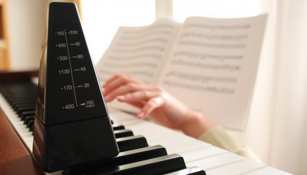 A serene indoor setting showcasing a polished wooden piano with sheet music open to a beginner exercise. In the foreground, a sleek, modern metronome is perfectly aligned with the tempo ladder, showcasing gradual tempo markings from slow to performance speed. In the middle, a pair of hands, dressed in modest casual attire, are hovering over the piano keys, ready to play. The background features a softly lit space with gentle sunlight streaming in through a window, illuminating dust particles in the air, creating a warm and inviting atmosphere. The image should convey a sense of focus and determination, ideal for a beginner’s practice session. Soft shadows and a shallow depth of field draw attention to the metronome and piano keys, enhancing the mood of concentration.