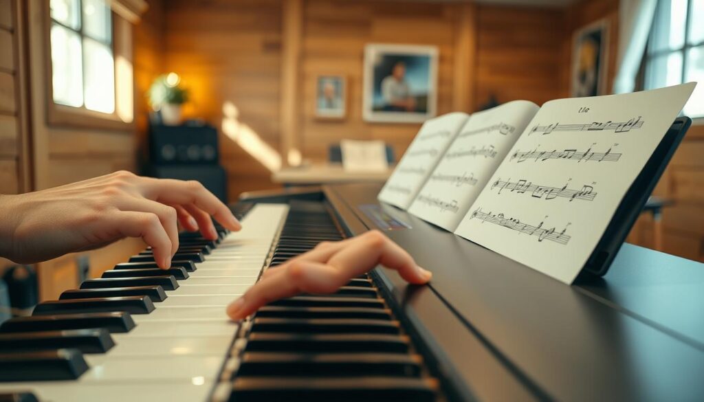 A serene music studio scene featuring two hands gracefully playing a keyboard, capturing a beginner’s two-hand coordination pattern. In the foreground, a close-up of a left hand pressing a whole note while the right hand delicately plays a simple melody, both positioned over polished piano keys. In the middle, a soft focus on sheet music laid open, illustrating the notation for whole notes and melodies. The background should feature a cozy, well-lit room with warm lighting, wooden panels, and natural light streaming through a window, creating an inviting atmosphere. The overall mood is calm and inspiring, with an emphasis on learning and creativity. The scene is depicted from a slightly elevated angle, highlighting the hands' movement and the musical environment.