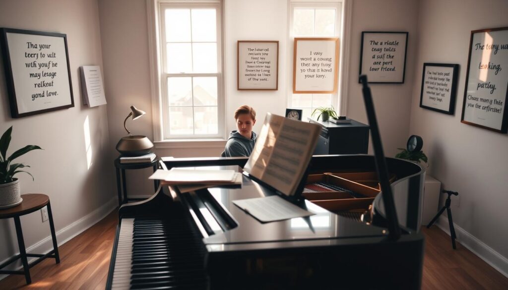 A serene piano practice environment, featuring a polished grand piano in the foreground, occupying the center of the scene. A soft, warm light filters through a large window, illuminating sheet music and motivational notes scattered around the piano. In the middle ground, a focused musician sits at the piano, wearing modest casual clothing, with a look of determination on their face. Visual elements representing common roadblocks, like a small stack of books and a clock, are subtly integrated into the scene to emphasize challenges faced while learning. In the background, a simple, cozy room is decorated with inspirational quotes framed on the walls, creating an atmosphere of motivation and perseverance. The overall mood is encouraging and uplifting, inviting viewers to reflect on their own musical journey.