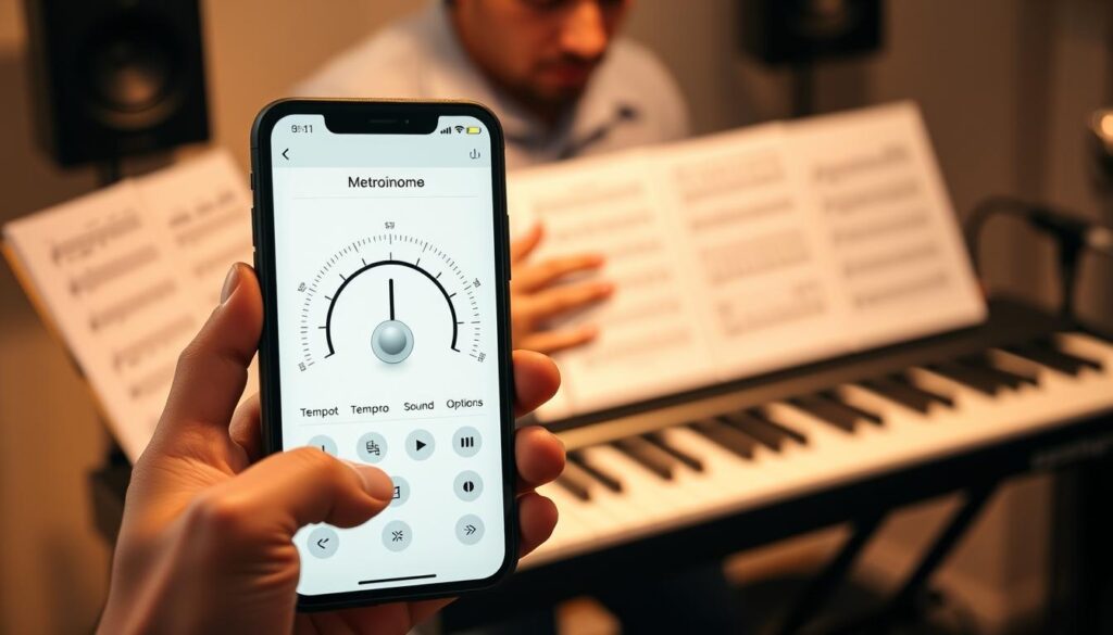 A sleek, modern metronome app interface displayed on a smartphone screen, showcasing essential features for timing exercises. In the foreground, the smartphone screen is prominently featured, highlighting buttons for tempo adjustment, sound options, and visual cues like a bouncing ball. The middle ground includes a musician's hands, calmly tapping along with the metronome's beat, dressed in smart casual attire. In the background, a softly lit practice space with music sheets and a keyboard creates a focused atmosphere, evoking creativity and discipline. The overall lighting is warm and inviting, suggesting a productive practice session, with a shallow depth of field to emphasize the app's details while keeping the background slightly blurred for a professional touch.