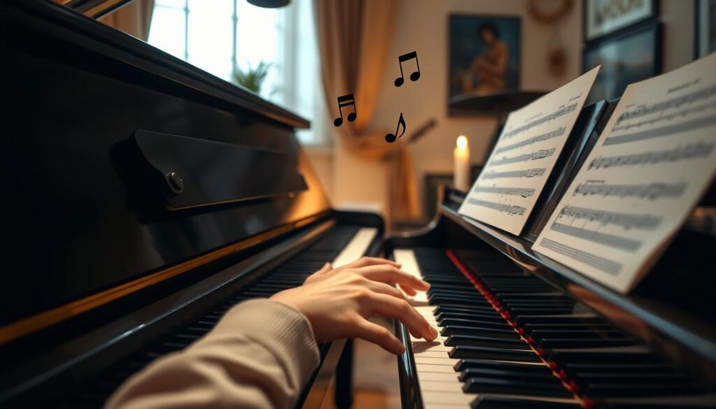 A soft-lit interior of a cozy music room, featuring a polished grand piano with sheet music open on the stand. In the foreground, a pair of hands, elegantly styled in modest casual attire, gently play the piano, capturing the essence of dynamics with a mix of light and darker tones on the keys. The middle ground showcases musical notes gently floating upward, representing melody and expression, with subtle indications of soft and loud dynamics through varying sizes. In the background, warm-toned wall decor and a window with soft light filtering through create an inviting atmosphere, evoking a sense of peaceful creativity. The overall mood is tranquil yet expressive, illustrating the beauty of dynamic phrasing in piano practice.
