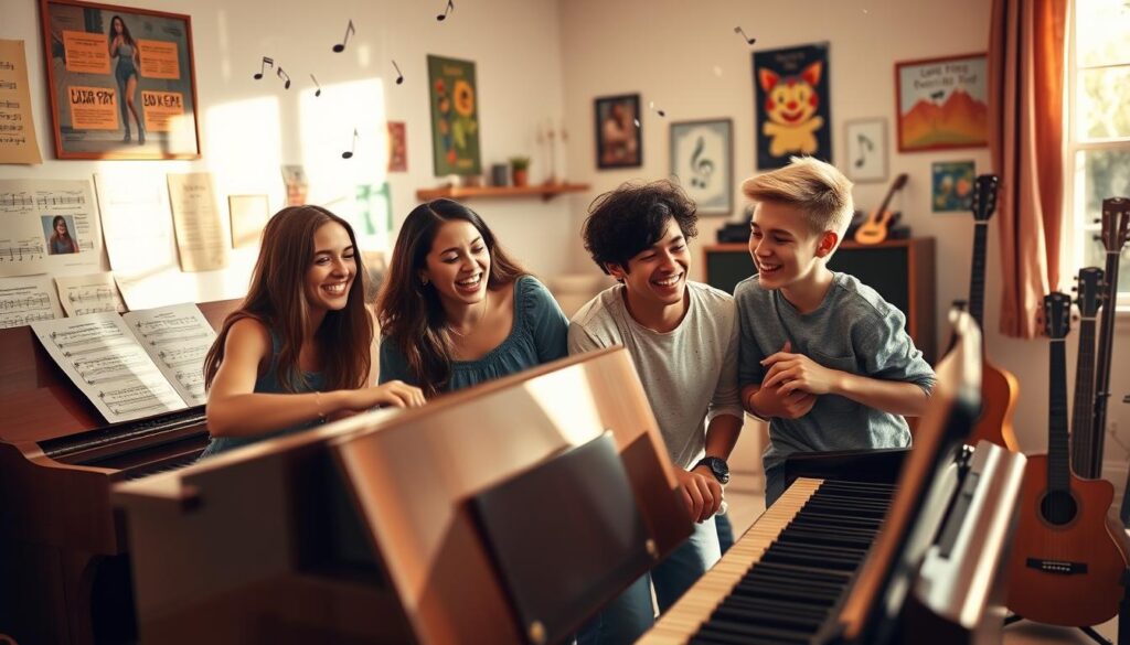 A vibrant and cheerful scene capturing friends enjoying a fun piano practice together. In the foreground, a diverse group of four friends—two girls and two boys—playfully gather around a piano, one of them laughing while another tries to play a new song. They are dressed in casual, modest attire, exuding a sense of camaraderie and joy. In the middle ground, sheet music and colorful posters adorn the walls, and scattered music notes float in the air, enhancing the sense of creativity. The background features a cozy, well-lit room with warm sunlight streaming through a window, casting soft shadows, and a few musical instruments like guitars and ukuleles hinting at their shared musical journey. The atmosphere is lively and inviting, emphasizing the enjoyment of learning music with friends.