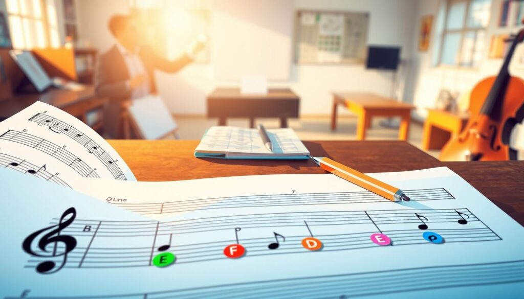 A vibrant and engaging illustration depicting the "landmark method for note reading" in a musical setting. In the foreground, showcase a large, artistic representation of a grand staff with clearly marked notes, emphasizing the landmark notes (E, G, B, D, F for lines and F, A, C, E for spaces) using colorful icons. The middle ground features a well-organized workspace with sheet music, a notebook, and a pencil, evoking a sense of study and creativity. In the background, softly blurred, a serene music classroom ambiance with instruments like a piano or violin subtly included, bathed in warm, natural light. The mood is encouraging and inspiring, highlighting a smooth journey into music reading. The angle should be a slight overhead shot to capture the entire scene harmoniously.